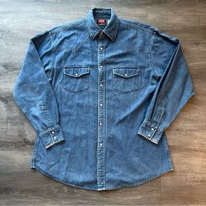 Wrangler Hero Denim Shirt Mens Size M Metal Buttons Jean Workwear Shirt Western